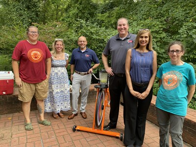 Representatives from Suburban Propane, joined by Sarah Erickson (far left) and Rachel Shotwell (far right) of Sunbury Urban Farms, pose with the Fender Blender Bike Blender at yesterday’s ‘Back to School Bike Blender Bash’. The Blender Bike was generously donated by Suburban Propane for use in the farm’s upcoming Farm & Forest School year for the purpose of educating local children on the importance of agriculture, nutrition, sustainability, and environmental awareness.