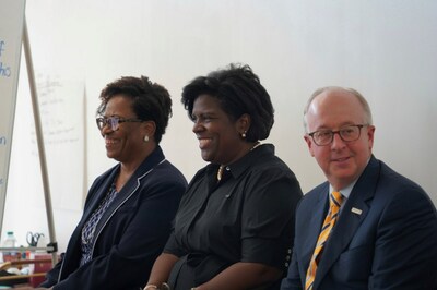 (L-R) Truist Foundation President Lynette Bell, Truist Chief Teammate Officer and Head of Enterprise Diversity Kim Moore-Wright and Truist Alabama Regional President Burton McDonald share career advice with STRIVE Birmingham students prior to announcing a $1 million grant from Truist Foundation to help fuel STRIVE’s growth plan on Wednesday, Aug. 23, 2023, in Birmingham, Alabama.