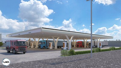 A rendering by the Los Angeles Cleantech Incubator (LACI) representing the future electric heavy-duty truck charging hub to be installed adjacent to the Port of Los Angeles