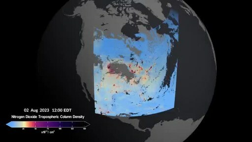 NASA's TEMPO instrument measured concentrations of nitrogen dioxide pollution over North America for the first time on August 2, 2023. The visualization shows six scans made hourly between 11:12 a.m. and 5:37 p.m., with closeups on the I-95 corridor in the US northeast, central and eastern Texas to New Orleans, and the southwest from Los Angeles to Las Vegas. Areas of missing data indicate cloud cover.
Credits: Kel Elkins, Trent Schindler, and Cindy Starr/NASA's Scientific Visualization Studio