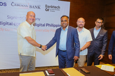 Jean Henri Lhuillier, Cebuana Lhuillier Bank Vice Chairman, Suchen Janjale from Orion, and Cebuana Lhuillier Bank’s Senior Executive VP Philippe Andre Lhuillier, and President, Dennis Valdes (PRNewsfoto/Orion Innovation)