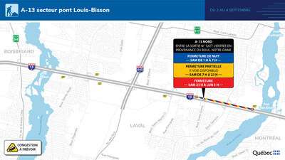Autoroute 13 (Chomedey), à Laval - Travaux intensifs du 2 au 4 septembre 2023, secteur à éviter (Groupe CNW/Ministère des Transports et de la Mobilité durable)