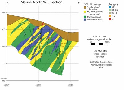 Figure 1: West-East Section (location shown in Map 1 below) generated from the historical diamond drilling information. (CNW Group/Golden Shield Resources)
