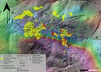 Figure 2: Location Map of planned RC drill holes with location of Targets 1 and 2, mapped FQ, magnetic lieaments, grab samples, current trenches and historical diamond drill holes overlain on Lidar topography base map. (CNW Group/Golden Shield Resources)