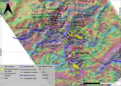 Figure 3: Marudi project prospect scale Map. Note Location of mapped FQ, magnetic lineaments and grab samples. Outlined in blue are prospect areas Golden Shield has identified as targets. (CNW Group/Golden Shield Resources)