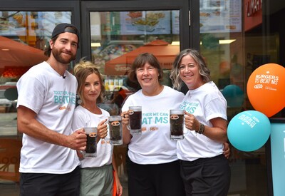 From left: Toronto Maple Leafs defenceman TJ Brodie, Amber Brodie, President and CEO of A&W Food Services of Canada Inc., Susan Senecal and President and CEO of MS Canada, Dr. Pamela Valentine celebrate Burgers to Beat MS Day on August 17th, 2023. (CNW Group/A&W Food Services of Canada Inc.)