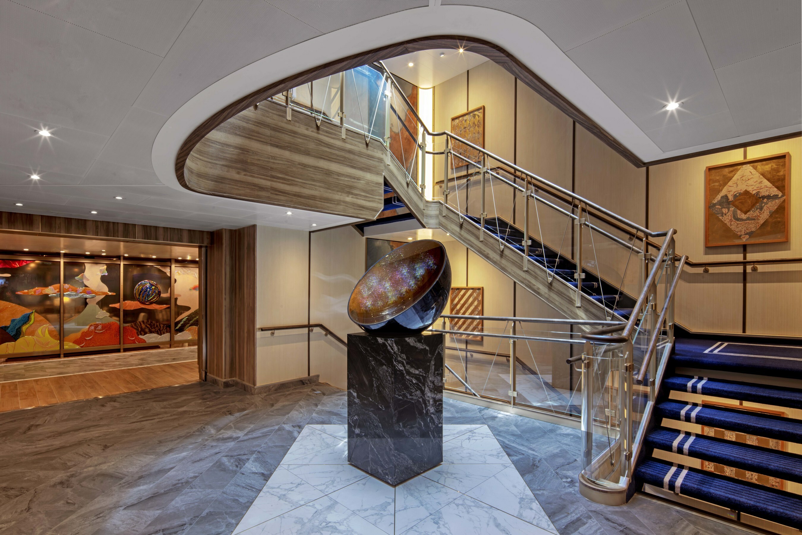 Seabourn Pursuit Unveils Masterfully Curated Art Collection, Custom Works Inspired By The Spirit Of Exploration And Wondrous Global Discoveries - Seabourn Pursuit Atrium - Magical Sky Sculpture (Image at LateCruiseNews.com - August 2023)