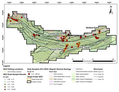 Figure 1: Map of the Qiqavik gold belt property with locations of 2023 work highlighted. Note that grab samples are selective by nature and values reported may not be representative of mineralized zones. (CNW Group/Orford Mining Corporation)