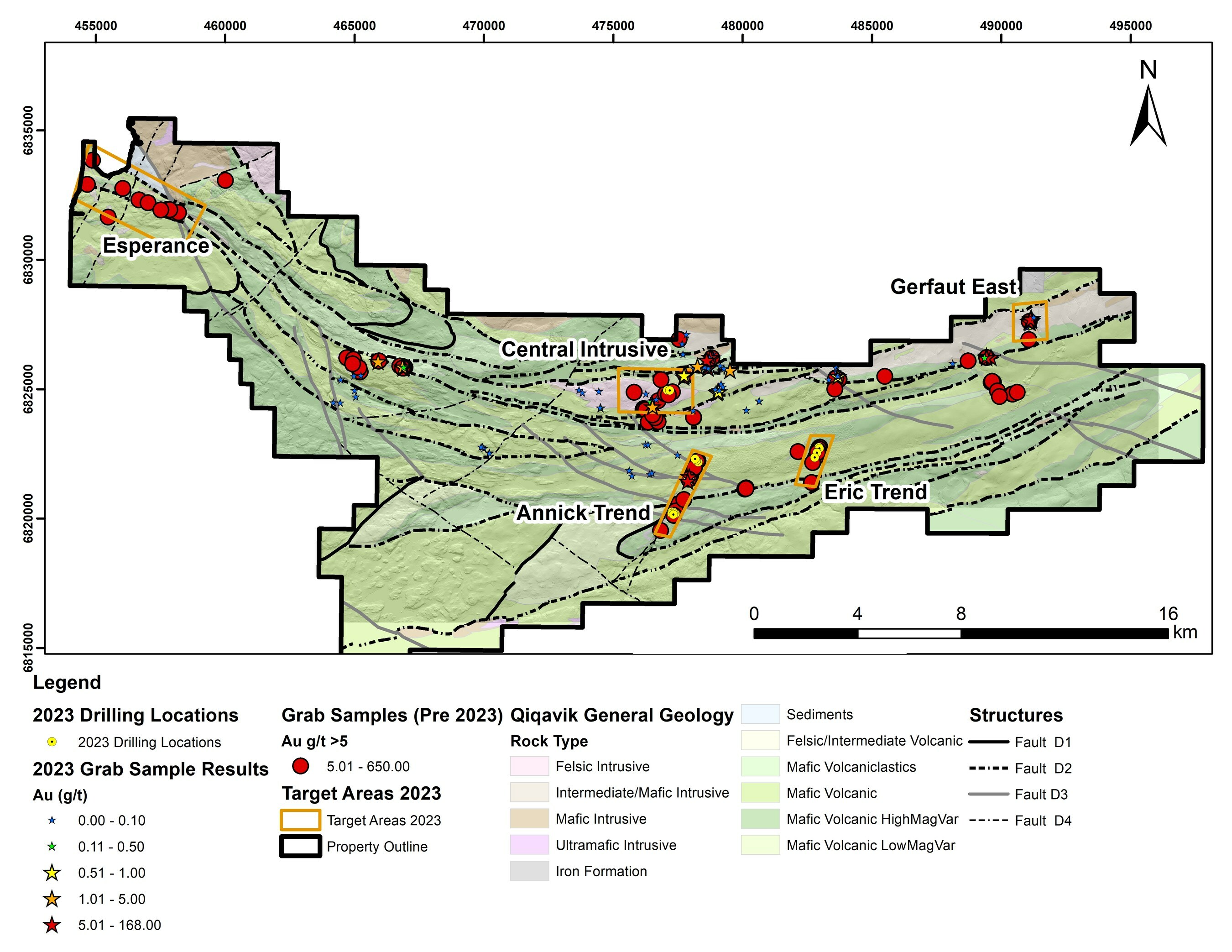 Figure 1: Map of the Qiqavik gold belt property with locations of 2023 work highlighted. Note that grab samples are selective by nature and values reported may not be representative of mineralized zones. (CNW Group/Orford Mining Corporation) Figure 1: Map of the Qiqavik gold belt property with locations of 2023 work highlighted. Note that grab samples are selective by nature and values reported may not be representative of mineralized zones. (CNW Group/Orford Mining Corporation)