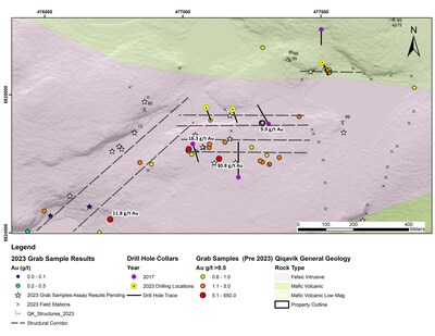 Figure 3: Map of the Newly Discovered Central Intrusive vein system Project Area. Note that grab samples are selective by nature and values reported may not be representative of mineralized zones. (CNW Group/Orford Mining Corporation)