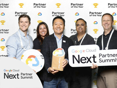 Bespin Global receives the '2023 Google Cloud Expansion Partner of the Year Award' at Google Cloud Next 2023 in San Francisco, California, USA. From left to right: Evan Trickey, Senior Account Executive; Ashleigh Greene, Senior Account Executive; Sunny Kim, CEO of Bespin Global; Aditya Deshmukh, Vice President of Engineering; and Jeffrey Dori, Director of Sales at Bespin Global US.