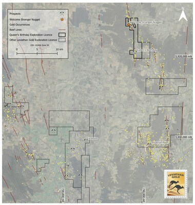 Figure 1: Location of the Queen’s Birthday Mine Exploration License relative to existing Leviathan Landholdings. (CNW Group/Leviathan Gold Ltd)