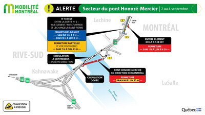 Secteur du pont Honor-Mercier, 2 au 4 septembre (Groupe CNW/Ministre des Transports et de la Mobilit durable)