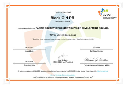 Black Girl PR's NMSDC certificate