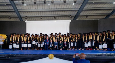 Global Sae-A's S&H School in Haiti produced its first graduates in 10 years since its establishment. The photo shows Chairman WK Kim (center, front row), the school's founder, taking a commemorative photo along with other key attendees and graduates after awarding diplomas. (From the left in the front row, Global Sae-A Sr. Advisor Lon Garwood, S&H Global Vice President David Moon, Global Sae-A Chairman WK Kim, S&H School Principal Sophia Choi, and Global Sae-A CEO KM Kim)