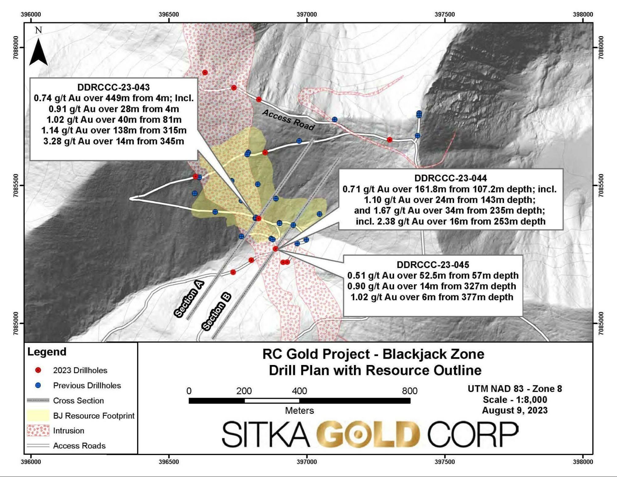 Figure 1: Plan map of drill hole locations at the Blackjack Zone (CNW Group/Sitka Gold Corp.) Figure 1: Plan map of drill hole locations at the Blackjack Zone (CNW Group/Sitka Gold Corp.)