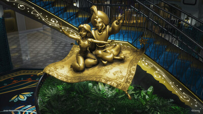 Inspired by the grandeur and mystery of a gilded palace, the Grand Hall aboard the Disney Treasure, Disney Cruise Line’s newest ship, draws on real-world influences from Asia and Africa and pays homage to the far-off land of Agrabah from Walt Disney Animation Studios’ classic tale, “Aladdin.” (Disney)