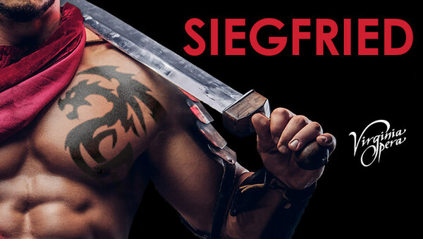 Virginia Opera Siegfried Promo Image: Muscled man with dragon tattoo on pec with sword draped over shoulder.