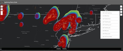 FLASH Weather AI's predictive lightning technology provides early warning for aviators via SmartSky® Networks' predictive weather suite delivered via the Skytelligence® platform. In this image, red indicates active lightning.