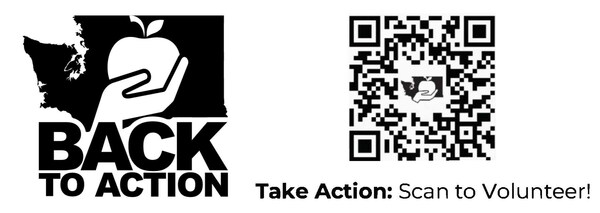 Northwest Harvest, Safeway, Washington Food Coalition, Vault89 Strategies, Seattle Seahawks, and KING 5 team up to increase volunteerism at food banks through "Back To Action"; scan QR code to sign up here