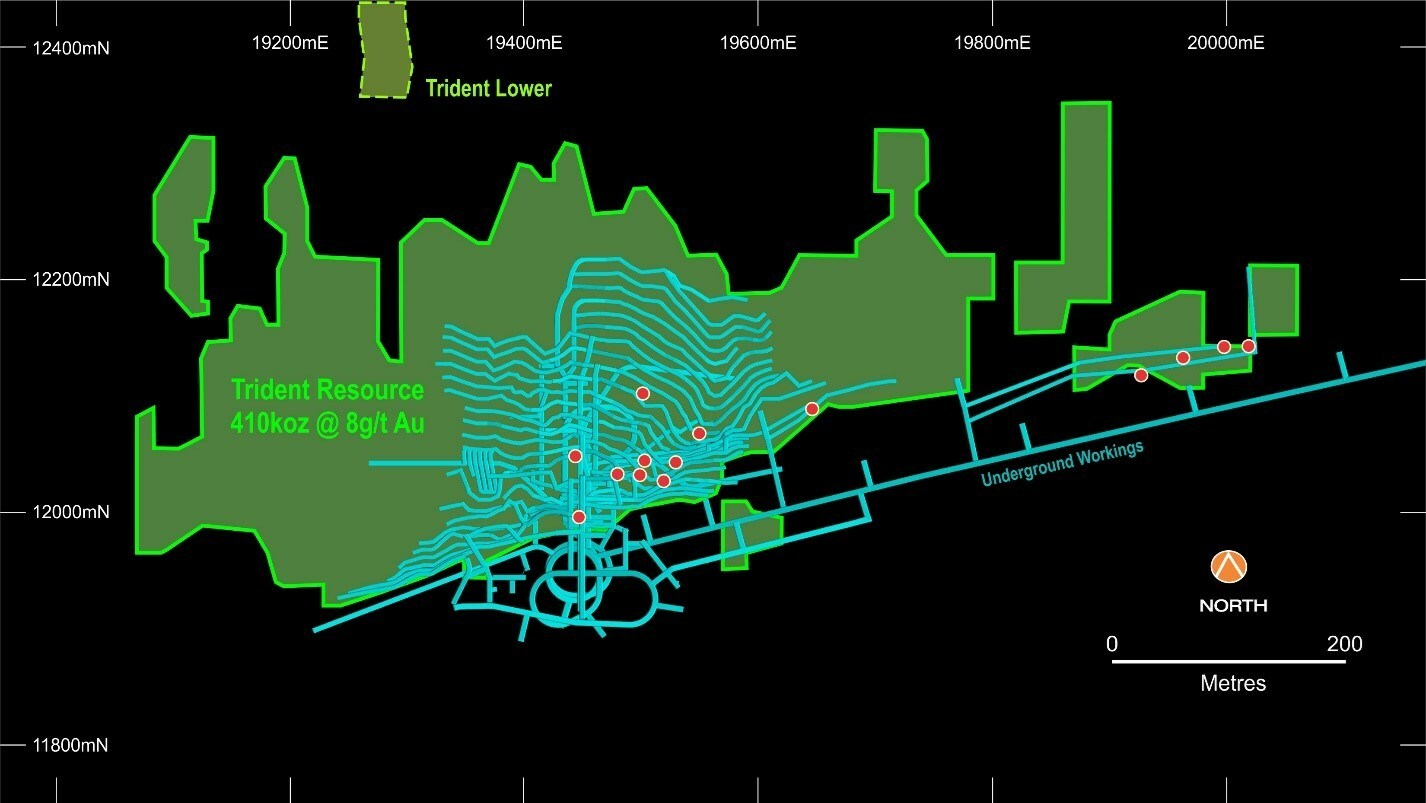 Figure 2: Plan view showing Trident Mineral Resource, preliminary mine design, and locations of recent significant drillhole intervals. (CNW Group/Catalyst Metals LTD.) Figure 2: Plan view showing Trident Mineral Resource, preliminary mine design, and locations of recent significant drillhole intervals. (CNW Group/Catalyst Metals LTD.)