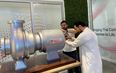 Rockwell Automation employees work on a high-tech pump demonstration while preparing for the opening of the company's Digital Center of Excellence in Al-Khobar, Saudi Arabia. The center of excellence will support government and local companies, large and small, to upskill their operations, which ties in with the Saudi 2030 Vision of enhanced economic growth, technical progress and sustainability.