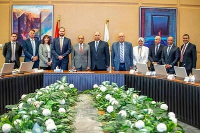 L-R: Simon Wilcox, SVP Pangiam; Crawford Burden, MD AECOM; Erin Cole, Deputy Senior Commercial Services Officer, U.S. Embassy Cairo, Tom Plofchan, Chief Investment Officer Pangiam; H.E. Minister of Civil Aviation Mohamed Abbas Helmy; Mohamed Saeed Mahrous, Chairman Holding Company for Airports and Air Navigation; Magdy Ishak, Chairman and CEO Cairo Airport Company; Permanent Undersecretary of Civil Aviation Amany Metwaly; Yehia Zakaria, Chairman and CEO EgyptAir; Amr el-Sharkawy, Chairman of the Civil Aviation Authority; Captain Elias Sadek, Minister Advisor.