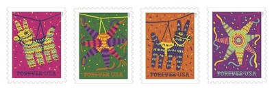 Piñatas! stamps feature four colorful illustrations of the traditional Mexican party favorite. Two are of a donkey and two feature a seven-point star.