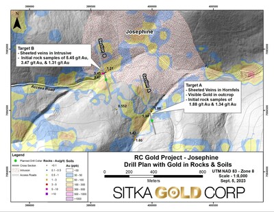 Figure 2: Plan map of Josephine intrusion Target A and Target B planned drill holes. (CNW Group/Sitka Gold Corp.)
