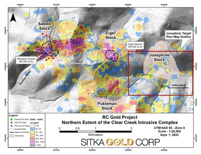 Figure 1: Northern portion of the Clear Creek Intrusive Complex showing the location of the Josephine intrusion in relation to the Blackjack and Eiger Deposits. (CNW Group/Sitka Gold Corp.)