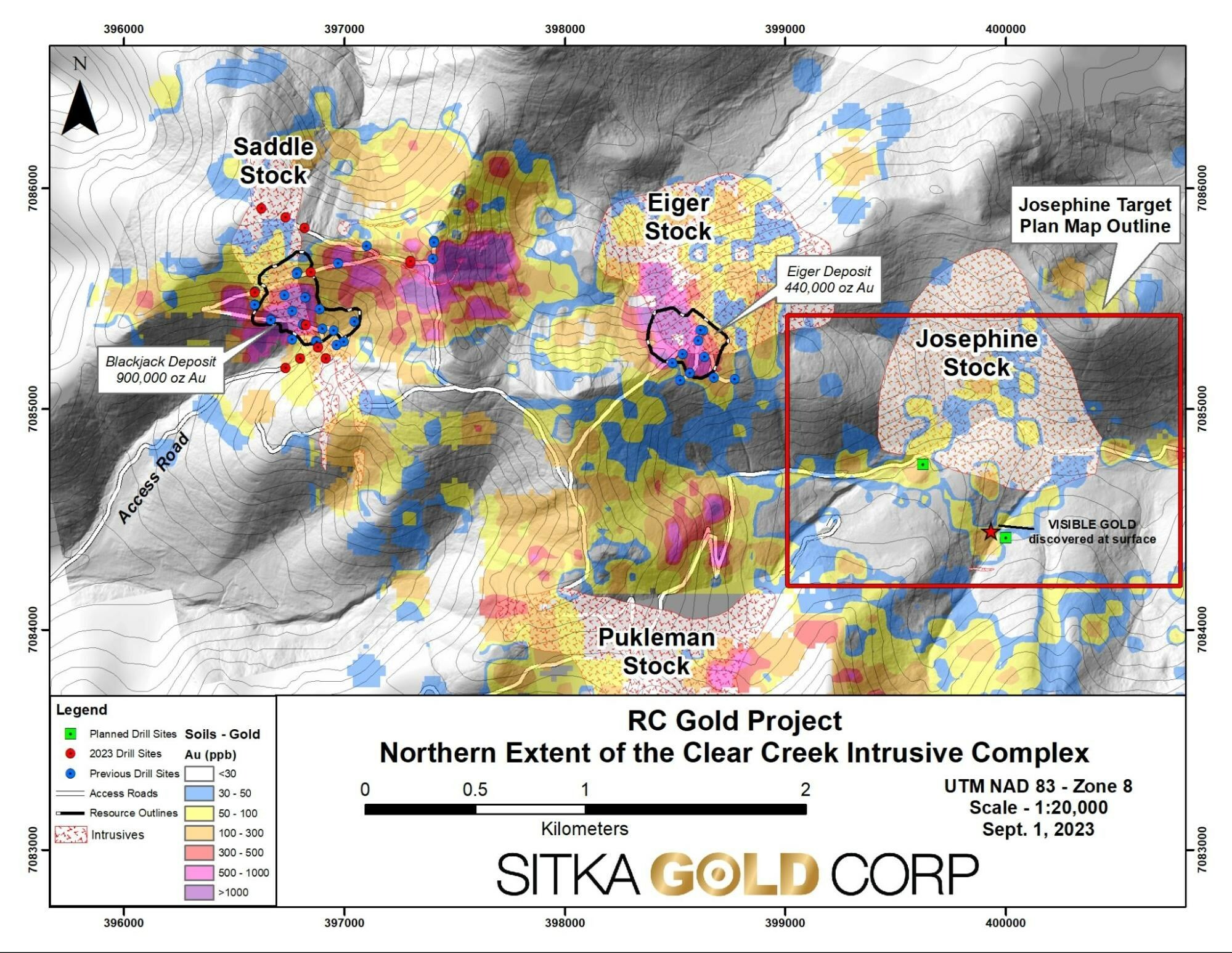 Figure 1: Northern portion of the Clear Creek Intrusive Complex showing the location of the Josephine intrusion in relation to the Blackjack and Eiger Deposits. (CNW Group/Sitka Gold Corp.) Figure 1: Northern portion of the Clear Creek Intrusive Complex showing the location of the Josephine intrusion in relation to the Blackjack and Eiger Deposits. (CNW Group/Sitka Gold Corp.)