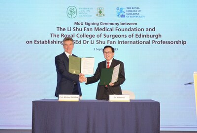 The Li Shu Fan Medical Foundation donates £1 million to establish the RCSEd Dr Li Shu Fan International Professorship. Dr Walton LI Wai Tat (right), Medical Superintendent of Hong Kong Sanatorium & Hospital, CEO of HKSH Medical Group, and Chairman and Board of Governors of The Li Shu Fan Medical Foundation and Professor Michael GRIFFIN OBE (left), Past President of the Royal College of Surgeons of Edinburgh signed an MoU which marks the collaboration between the Foundation and RCSEd in fostering surgical education and research.