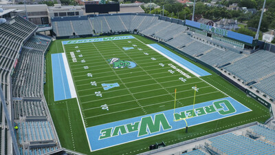 Hellas installed Matrix Helix® synthetic turf, Cushdrain® and Ecotherm® infill at Yulman Stadium for the Tulane Green Wave. Hellas’ Matrix Helix® monofilament turf system is designed to withstand the rigors of intense football games. Hellas installed a Cushdrain® shock pad for student-athlete safety and better drainage. Hellas also installed Ecotherm® infill to keep field temperatures 30 degrees cooler than traditional infill products.