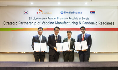 (From Left) Jaeyong Ahn, CEO of SK bioscience, Chang won Chey, Vice Chairman of SK discovery, Ana Brnabić, Prime Minister of the Republic of Serbia, and Kiren L. Naidoo, CEO of Frontier Biopharma Ltd. pose after signing a Memorandum of Understanding at the SK bioscience headquarters on September 8th.