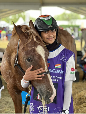 First Indian young lady rider Nida Anjum Chelat with her companion horse Epsilonn Salou after completing theFEI Equestrian World Endurance Championship for Young riders and Juniors, Castelsagrat, France