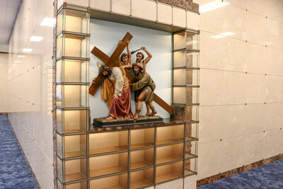 Restored Stations of the Cross: The 14 life-like statues of the Stations of the Cross were handcrafted from wood made in Tyrol, Austria, almost 200 years ago. The sculptures were saved from St. Peter's Church (formerly Queen of Angels), built in Newark, NJ, around 1860, and restored to their original glory.