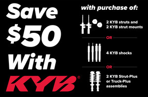 KYB offers Consumers a $50 PrePaid Mastercard with any qualifying KYB Shock or Strut purchase