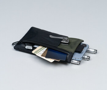 iPhone EDC Pocket Organizer holds: iPhone, pens, utility knife, mini flashlight, cash, & cards