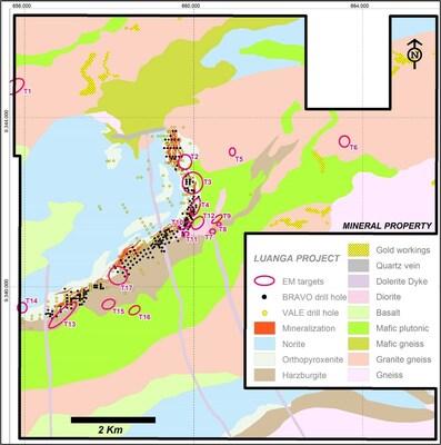 Figure 2: 17 First Priority EM Targets Shown Over Luanga Local Geology. (CNW Group/Bravo Mining Corp.)