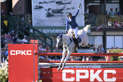 Martin Fuchs and Leone Jei jumped three clear rounds to win the $3 million CPKC International Grand Prix. (c) Spruce Meadows Media/Mark Sturk (CNW Group/CPKC)
