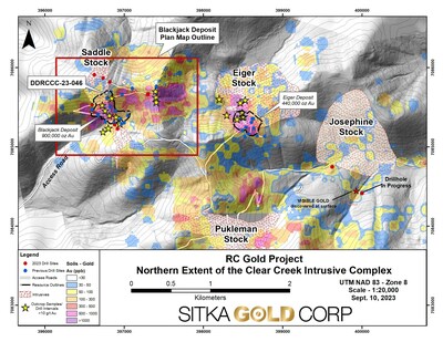 Figure 1: Plan map of the Northern Extent of the Clear Creek Intrusive Complex. Yellow stars indicate where outcrop rock samples or drill hole intervals have returned 10 g/t gold (CNW Group/Sitka Gold Corp.)