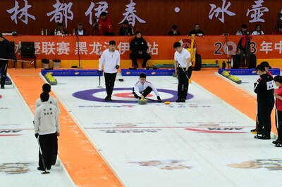 Players compete in the China Curling League in Yichun, northeast China's Heilongjiang Province on Sept. 9, 2023. 