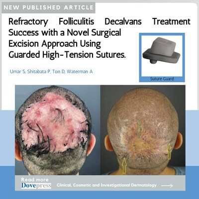 The FD lesion was removed by surgical excision, and secondary wound healing was aided with the use of a suture guard, pictured above the patient photos.
