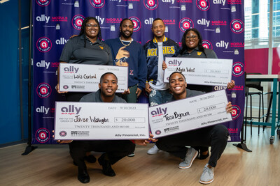 The team from N.C. A&T State University poses with Big Sean and Terrence J to celebrate winning the fifth annual Moguls in the Making pitch competition in Charlotte, N.C. on Sept. 10, 2023.