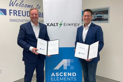 Max Kley, CEO of Freudenberg e-Power Systems, and Mike O'Kronley, CEO of Ascend Elements, after signing a new engineering contract for sustainable cathode active material (CAM).