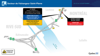 Secteur du pont Honoré-Mercier - Entraves majeures - Fin de semaine du 15 septembre 2023 (Groupe CNW/Ministère des Transports et de la Mobilité durable)