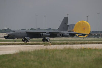 A B-52 Stratofortress arrives at Joint Base San Antonio. The aircraft will undergo instillation of an upgraded radar system manufactured by RTX. Photo courtesy of the Boeing Co.