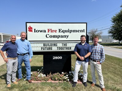 The Pye-Barker and Iowa Fire teams celebrate the acquisition. From left to right: Chuck Reimel, VP of Business Development for Pye-Barker; Brett Pruitt, Owner at Iowa Fire; Kris Schultz, VP at Iowa Fire; and Chris Jensen, Regional Director at Pye-Barker.