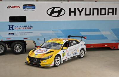 The No. 33 Hyundai Elantra N TCR is photographed with its new Hyundai Hope On Wheels 25th anniversary livery at Bryan Herta Autosport in Indianapolis, Ind., Sept. 8, 2023 (Photo/Bryan Herta Autosport/LAT)