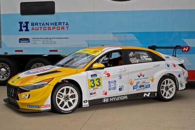 The No. 33 Hyundai Elantra N TCR is photographed with its new Hyundai Hope On Wheels 25th anniversary livery at Bryan Herta Autosport in Indianapolis, Ind., Sept. 8, 2023 (Photo/Bryan Herta Autosport/LAT)